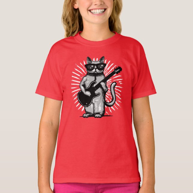 Coola Rock and roll Cat som spelar upp elektriska  T Shirt (Framsida)