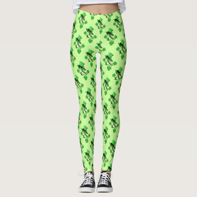 Coola roligt Grönt top hat Shamrocks St. Patricks  Leggings (Framsida)