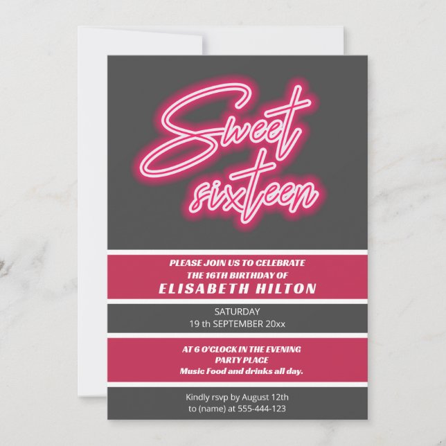 Coola roligt neontypografi rand söt 16 inbjudningar (Framsida)