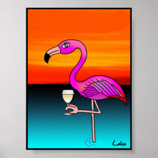 Coola roligt vin drickande Flamingo poster