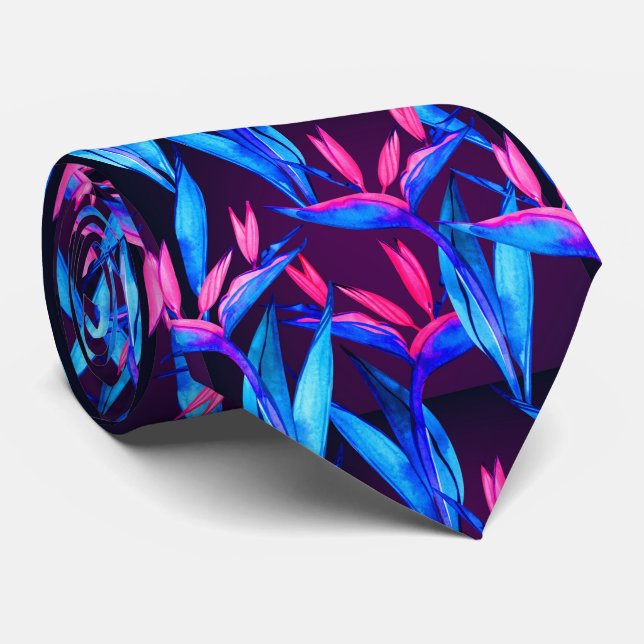 coola rosa blått tropiska löv mönster slips (Rullad)