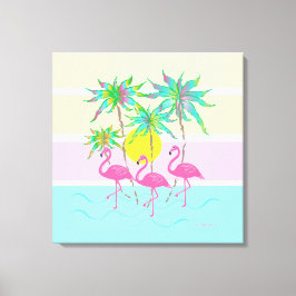 Coola Rosa Flamingos Sol och Handflatan Träd Wall Canvastryck