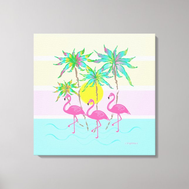 Coola Rosa Flamingos Sol och Handflatan Träd Wall  Canvastryck (Framsida)