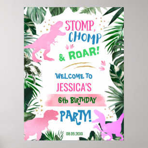 Coola rosa Girl Girl Dinosaur-födelsedagsvälkomnan Poster