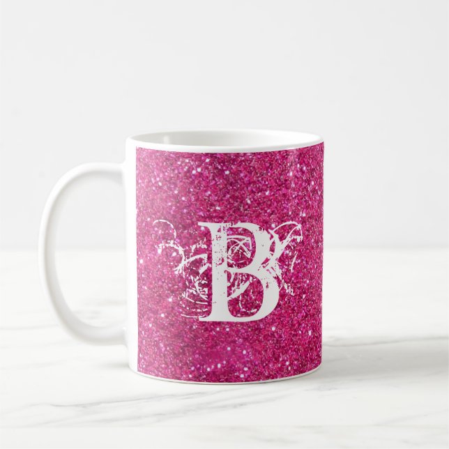 Coola Rosa Glitter White Funky Monogram Anpassning Kaffemugg (Vänster)