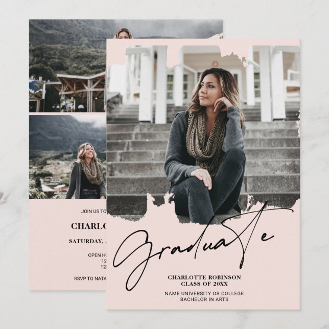 Coola  rosa student-skriptfoto studenten inbjudningar (Fram/baksida)