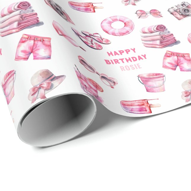 Coola Rosa Summer Girls Birthday Presentpapper (Rullad Hörn)