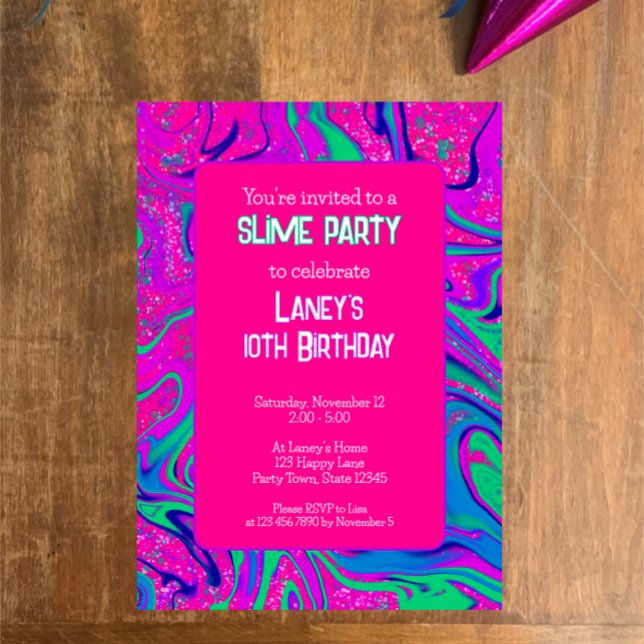 Coola Rosa Teal Glitter Girls Birthday Slime Party Inbjudningar (Hot pink cool trendy colorful slime birthday party invitation. Custom text sparkle retro fun party.)