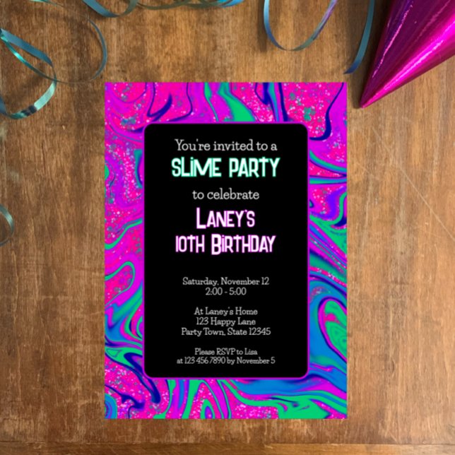 Coola Rosa Teal Glitter Girls Birthday Slime Party Inbjudningar (Custom girls slime birthday party invitation. Cool bright pink  blue swirls glitter fun script)