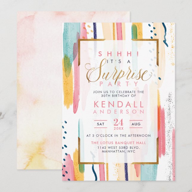 Coola Rosa Watercolor Memphis Chic Surprise Party Inbjudningar (Fram/baksida)