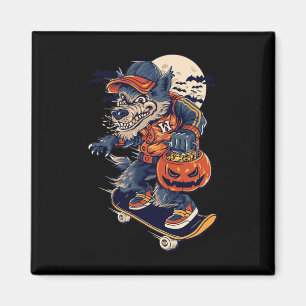 Coola rullbräda varg som bär en Halloween-pumpa Magnet