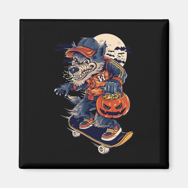 Coola rullbräda varg som bär en Halloween-pumpa Magnet (Framsidan)