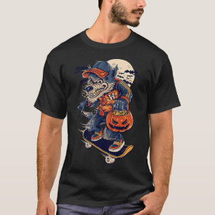 Coola rullbrädsvolf som bär en halloweenpumpa t shirt