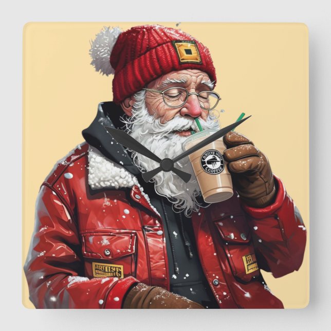 Coola Santa Drinking Iced Coffee Julkonst Fyrkantig Klocka (Framsida)