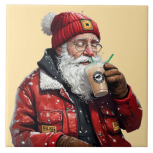 Coola Santa Drinking Iced Coffee Julkonst Kakelplatta