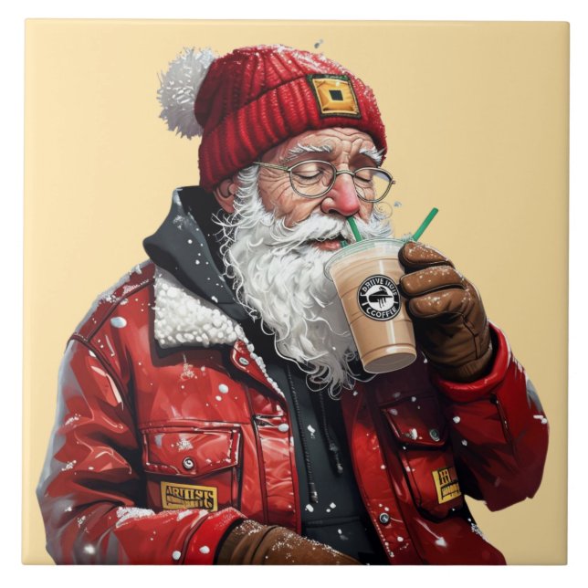 Coola Santa Drinking Iced Coffee Julkonst Kakelplatta (Framsidan)