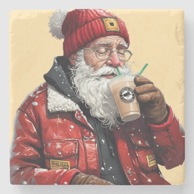 Coola Santa Drinking Iced Coffee Julkonst Stenunderlägg (Framsidan)