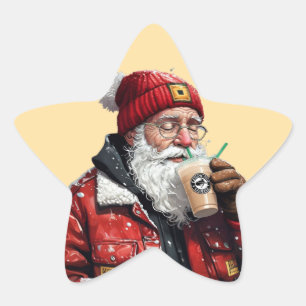 Coola Santa Drinking Iced Coffee Julkonst Stjärnformat Klistermärke