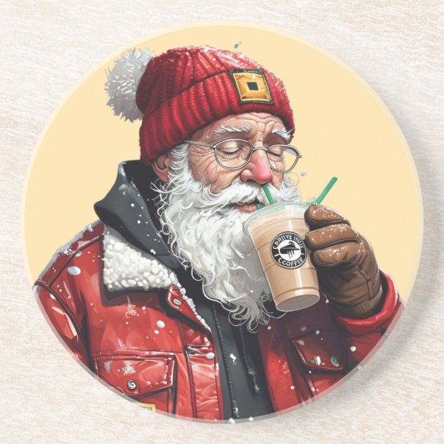 Coola Santa Drinking Iced Coffee Julkonst Underlägg (Framsidan)