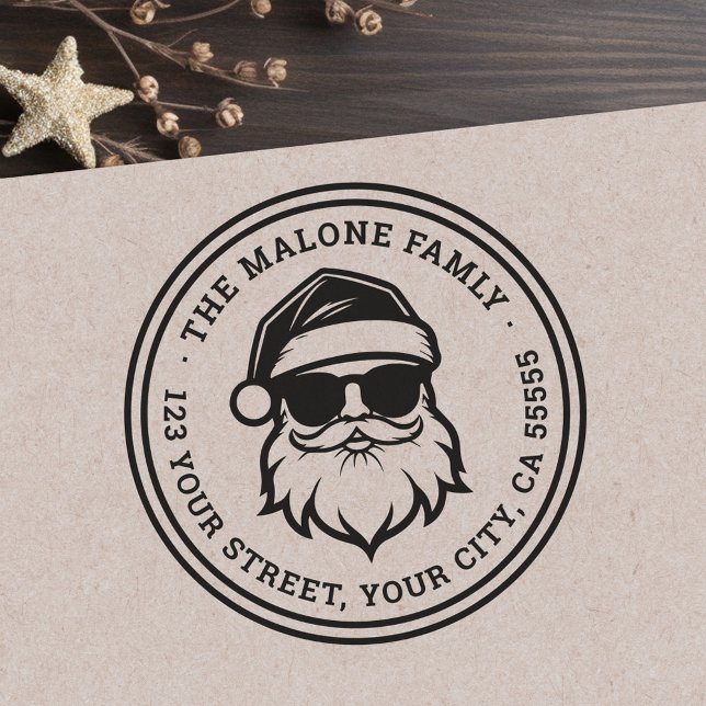 Coola Santa in sunglass jul returadress Stämpel (Cool Santa in sunglasses Christmas return address Rubber Stamp)