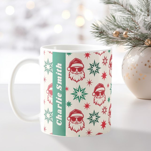 Coola Santa retro-stjärnor blek röd grönt jul Kaffemugg (Cool Santa retro stars pale red green Christmas Coffee Mug)
