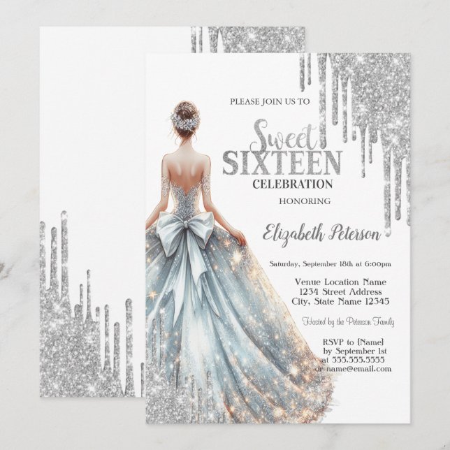 Coola Silver Glitter Drips,Flickklänning 16 Inbjudningar (Fram/baksida)