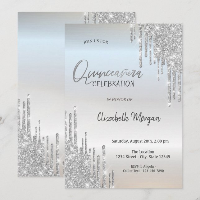 Coola Silver Glitter Drips Quinceañera Inbjudningar (Fram/baksida)