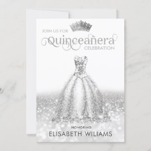 Coola Silver glittery dress tiara Quinceañera Inbjudningar
