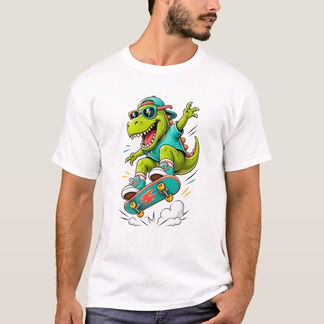 Coola Skateboardande T-Rex Dinosaurier T Shirt (Framsida)