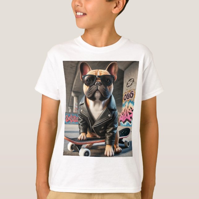 Coola Skater Bulldog Kids T-Shirt - Roligt och Sny (Framsida)