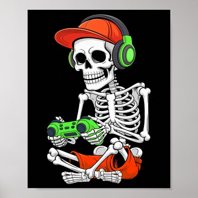 Coola Skeleton Gamer Video Gaming Halloween Manar  Poster (Framsidan)