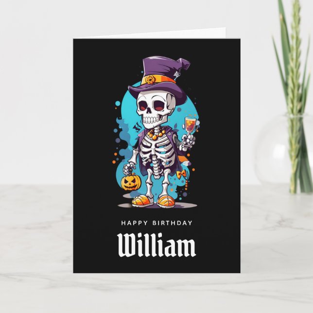 Coola Skeleton i Top hat Halloween Birthday Kort (Framsida)