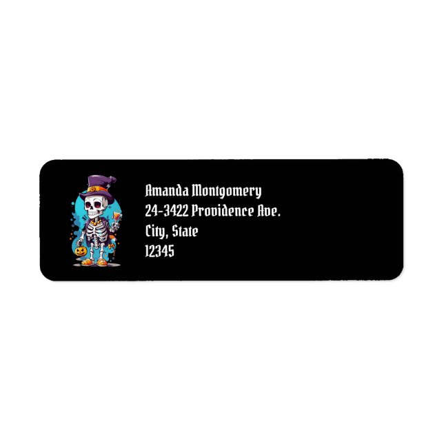 Coola Skeleton i Top hat Halloween Black Returadress Etikett (Framsidan)