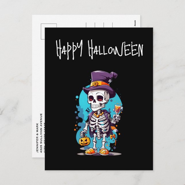 Coola Skeleton i Top hat Halloween Helg Vykort (Fram/baksida)