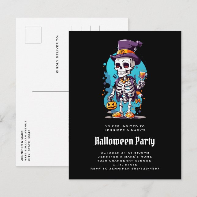 Coola Skeleton i Top hat Halloween Inbjudan Vykort (Fram/baksida)