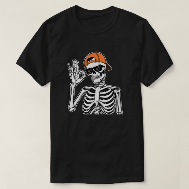 Coola Skeleton med Orange Cap | Hip-Skutt Hallowee T Shirt (Design framsida)
