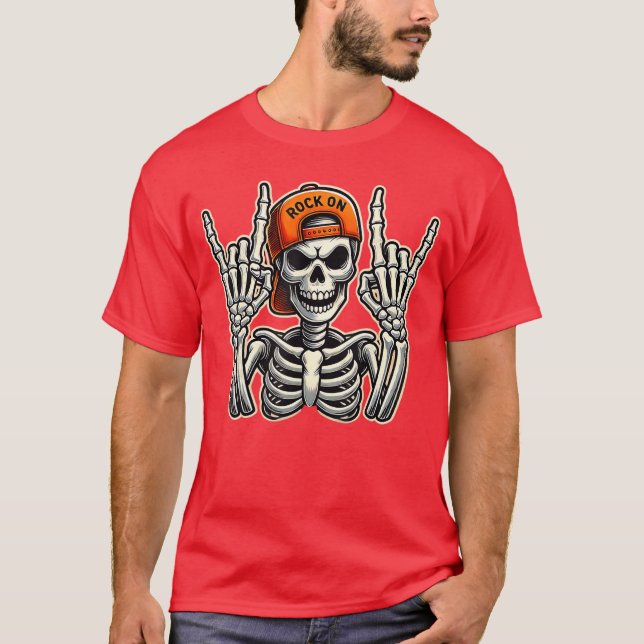 Coola Skeleton Rocker Skater Cap Halloween Punk Ro T Shirt (Framsida)