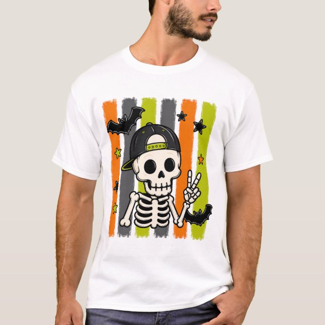 Coola Skelett Fredstecken Halloween T-Shirt (Framsida)