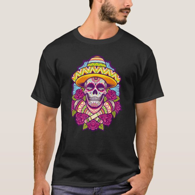 Coola Skull Graphic Sombrero Dia de Los Muertos T Shirt (Framsida)