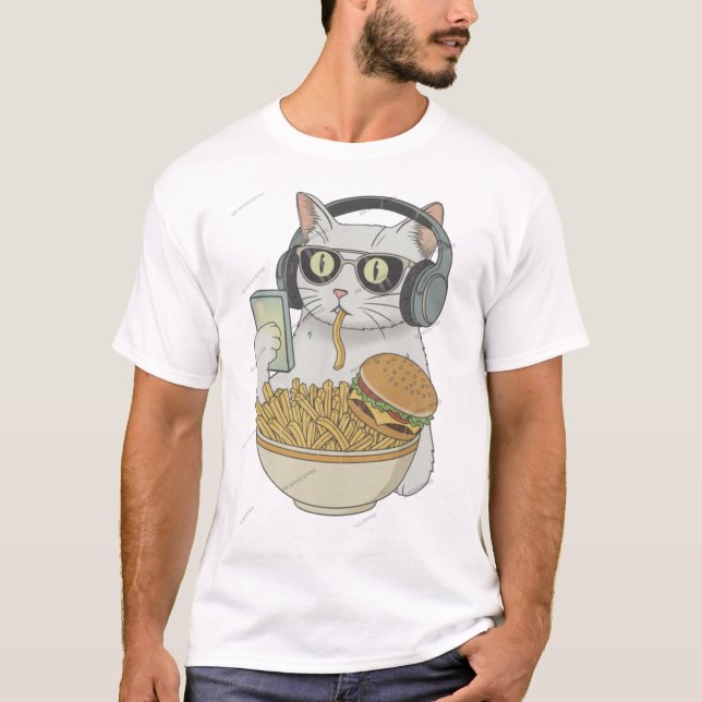 Coola Snackkatt med Hörlurar . T Shirt (Framsida)
