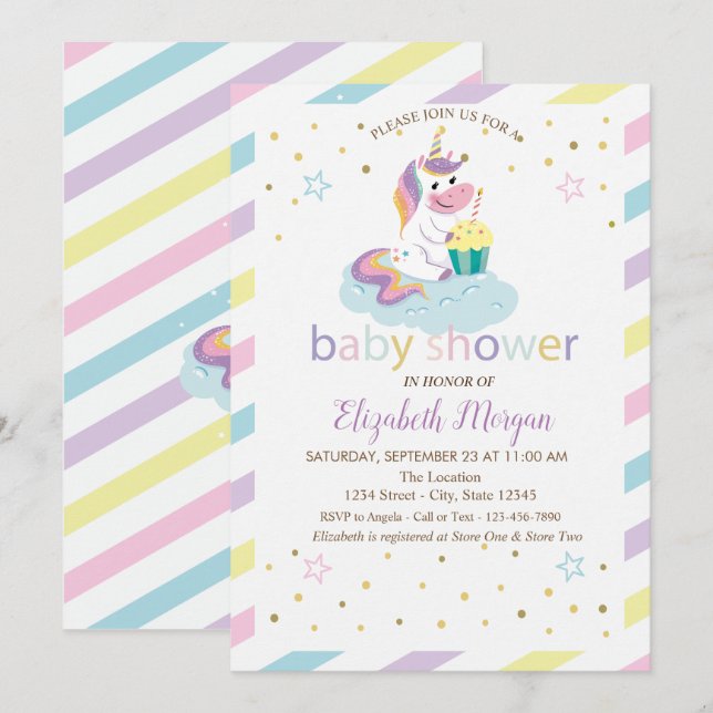 Coola Stars Unicorn Stripe Baby Shower-inbjudan Inbjudningar (Fram/baksida)
