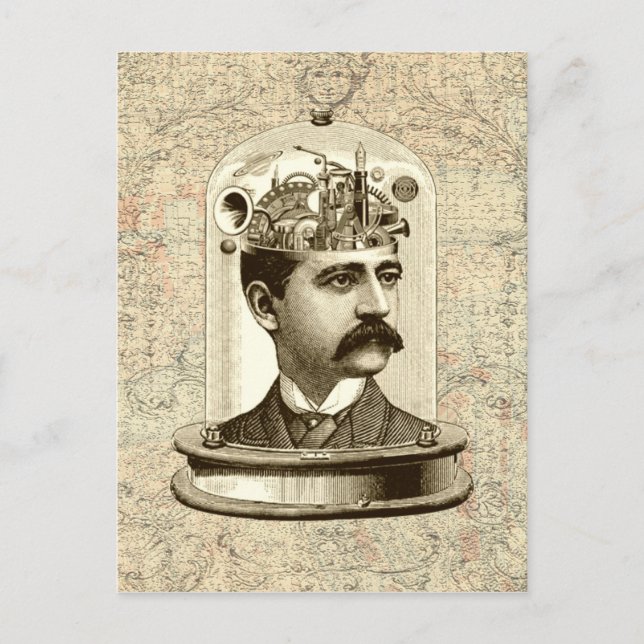 Coola Steampunk, klocka, huvud i burk Vykort (Framsida)