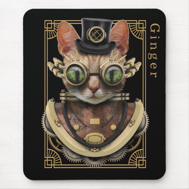 Coola Steampunk Orange Tabby katt med Namn Musmatta (Framsidan)