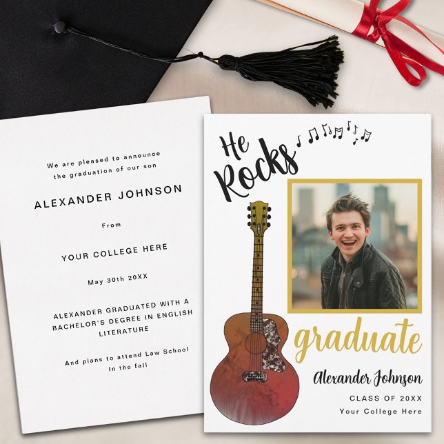 Coola Sten Student Fotomodern Black och Guld Meddelande (Modern graduate photo country music rustic guitar Graduation announcement card)
