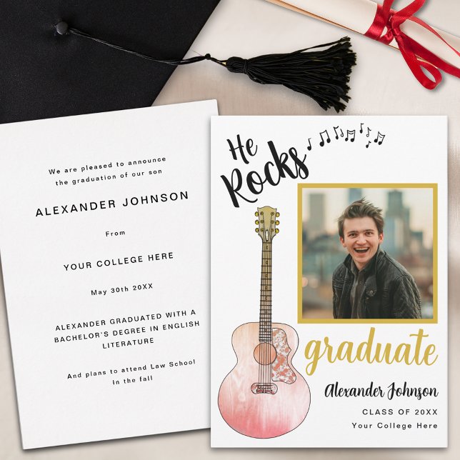 Coola Sten Student Fotomodern Guld Meddelande (Cool rustic guitar graduate photo graduation announcement card country music )