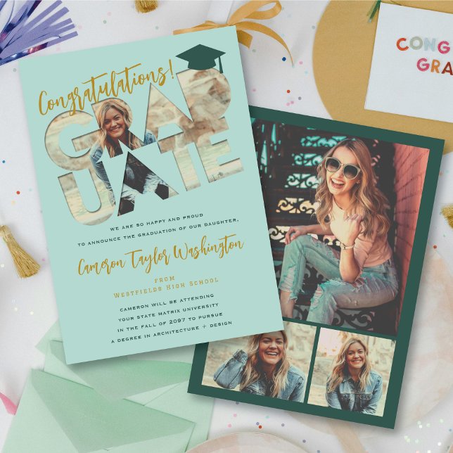 Coola Student Cutout Photo Modern Studentfest Inbjudningar (Cool Mint Green Congratulations Graduate Cutout Photo Modern Graduation Card @ fatfatin)
