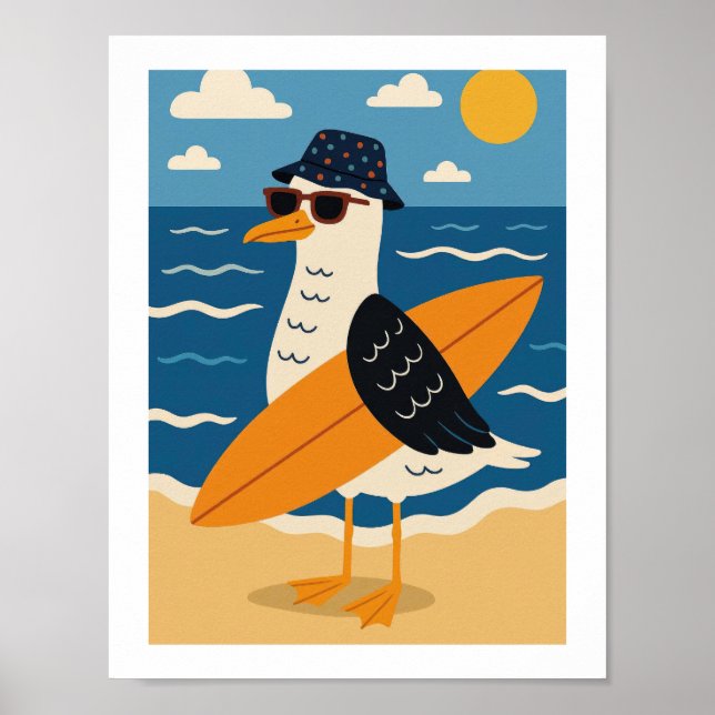 Coola Surfande Måsen Retro Strand Semester Poster (Framsidan)