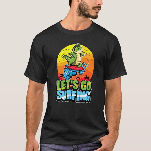Coola Surfer Crokodile Surfing Summer Ocean & Våga T Shirt (Framsida)