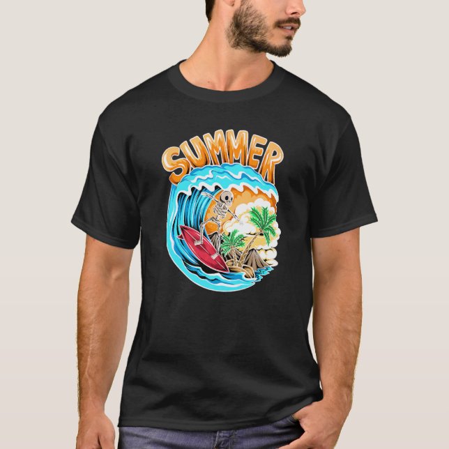 Coola Surfing Skeleton Surfer Swimmer Beach Vågar  T Shirt (Framsida)