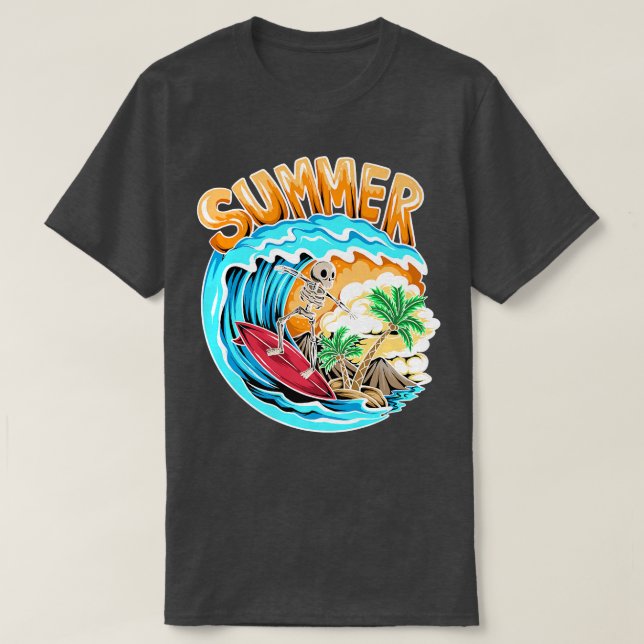 Coola Surfing Skeleton Surfer Swimmer Beach Vågar  T Shirt (Design framsida)